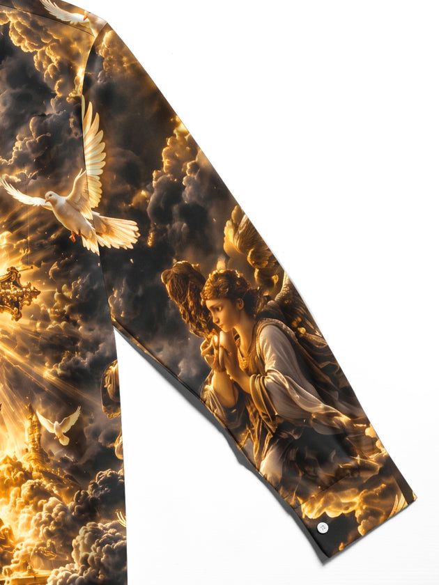 Adaychic Men's Graphic Religious Cross And Angels Print Short Sleeve Shirt with Chest Pocket