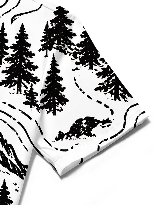 Adaychic Men's Short Sleeve Shirt - Mountain Landscape With Pine Trees And Topographic Lines Print with Chest Pocket