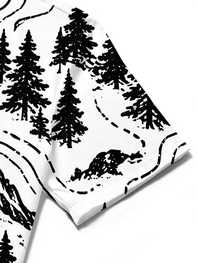 Adaychic Men's Short Sleeve Shirt - Mountain Landscape With Pine Trees And Topographic Lines Print with Chest Pocket