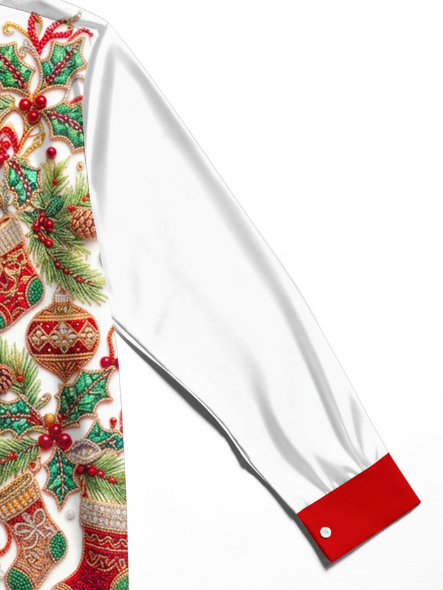 Adaychic Men's Christmas Stockings And Ornaments Print Long Sleeve Shirt with Chest Pocket