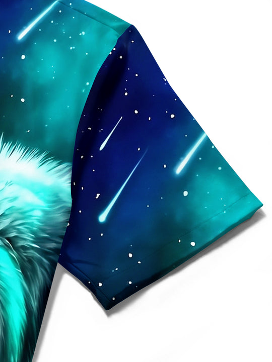Adaychic Men's Graphic Wolf Head Print Starry Sky Print Short Sleeve Shirt with Chest Pocket