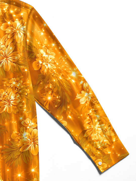 Adaychic Men's Golden Floral Leaves And Sparkles Print Long Sleeve Shirt with Chest Pocket