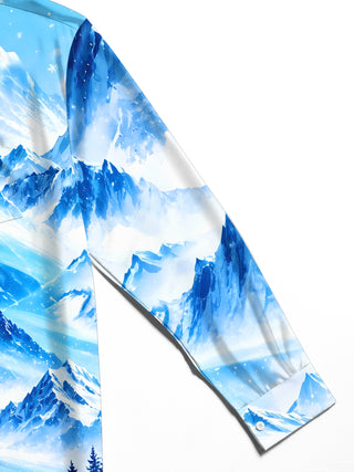Adaychic Men's Printed Snowy Mountains And Pine Forest Print Long Sleeve Shirt with Chest Pocket