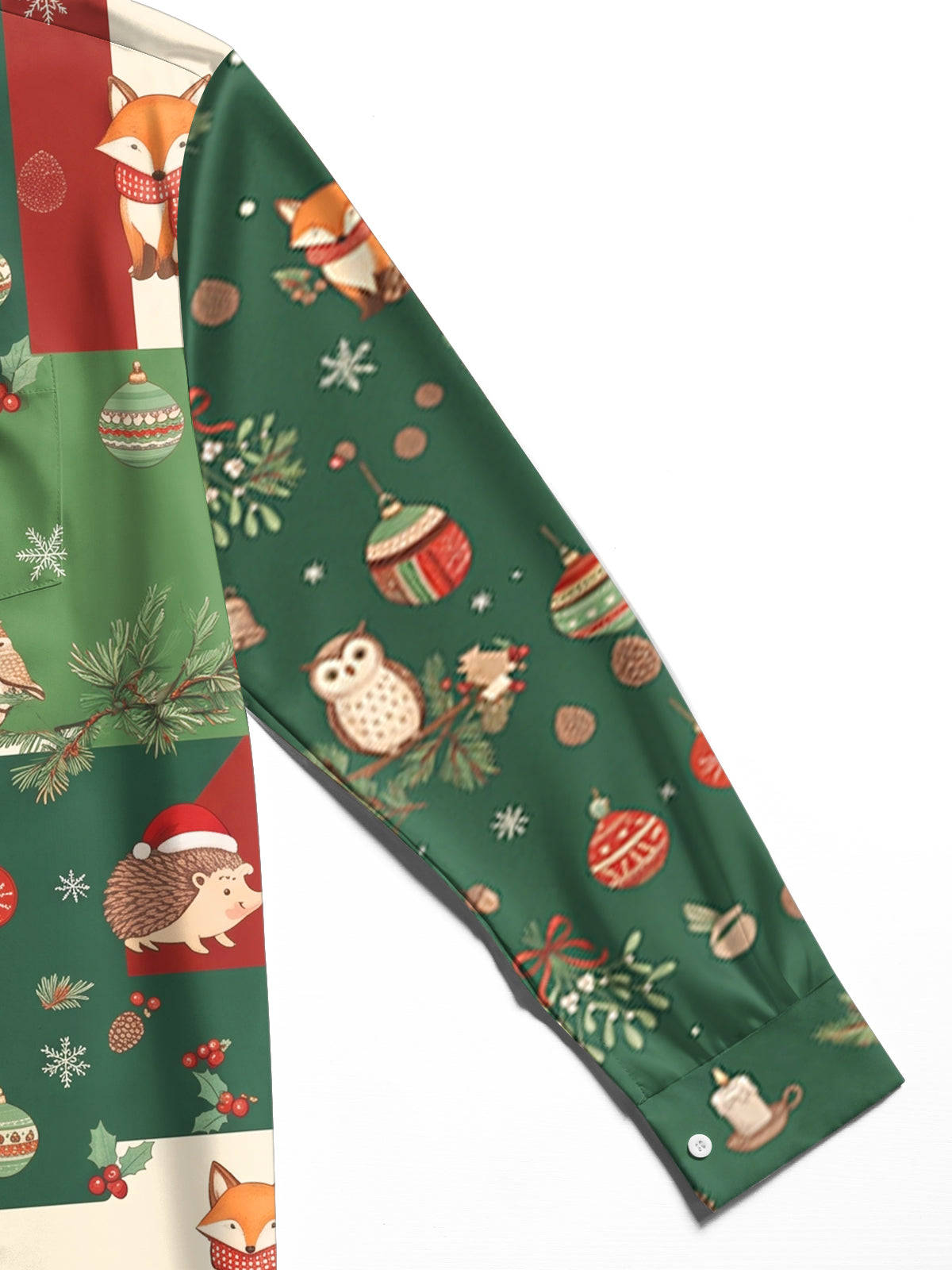 Adaychic Men's Forest Animals And Christmas Ornaments Print Long Sleeve Shirt with Chest Pocket