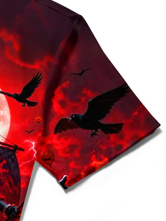 Adaychic Men's Graphic Halloween Pirate Ship Print Short Sleeve Shirt with Chest Pocket