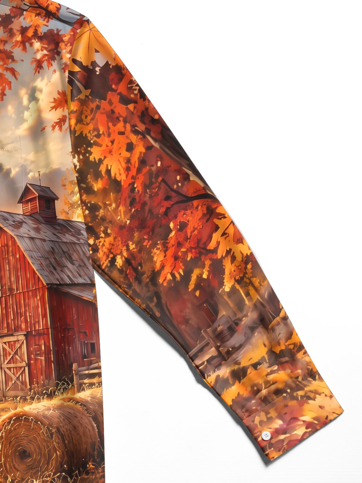 Adaychic Men's Long Sleeve Shirt - Thanksgiving Autumn Farm Barn And Hay Bales Print with Chest Pocket