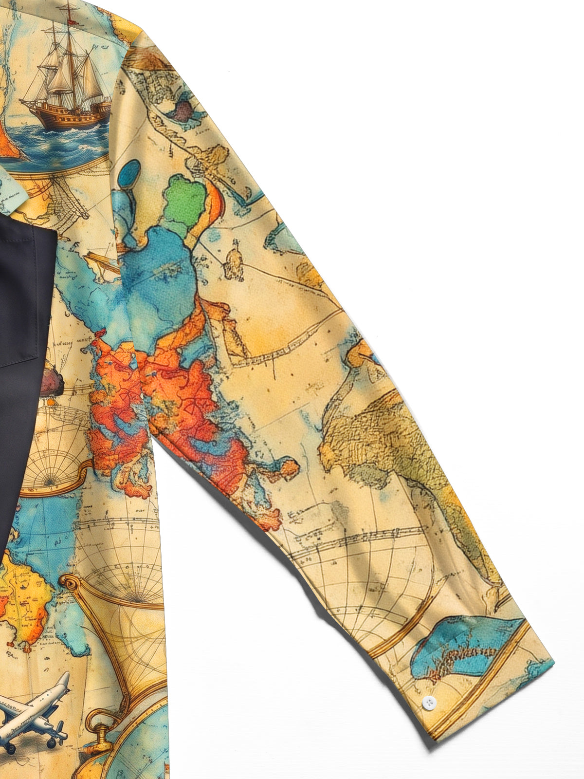 Adaychic Men's Vintage Map And Compass Print Long Sleeve Shirt with Chest Pocket