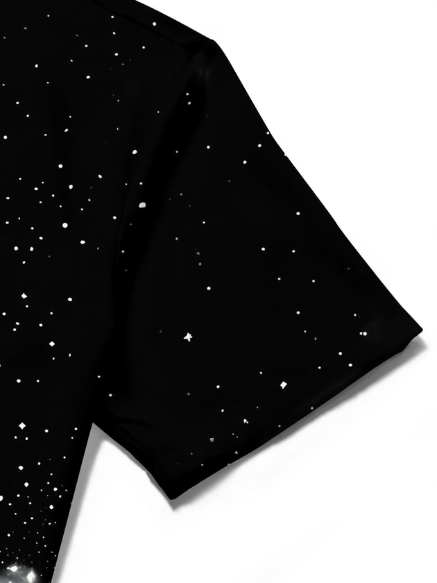 Adaychic Men's Graphic Black Cat Space Print Short Sleeve Shirt with Chest Pocket