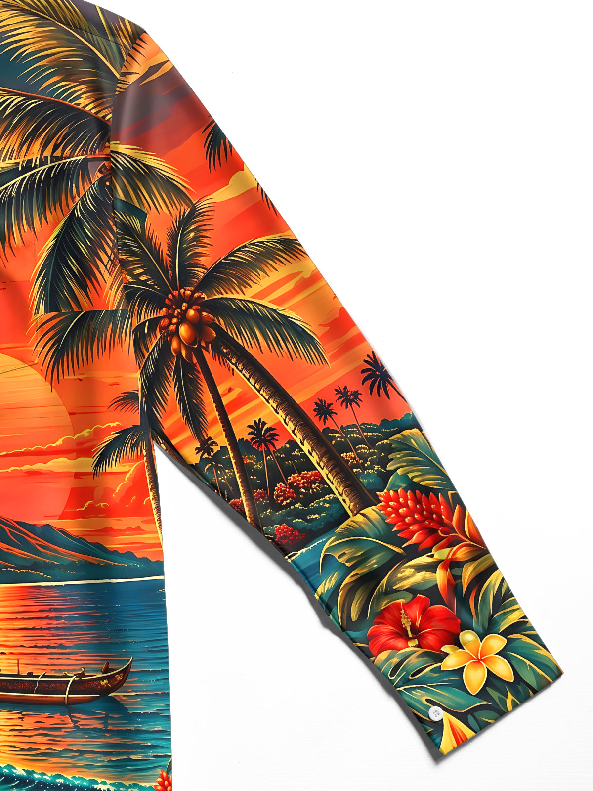 Adaychic Men's Long Sleeve Shirt - Hawaiian Sunset Beach Scene With Palm Trees And Hibiscus Print with Chest Pocket