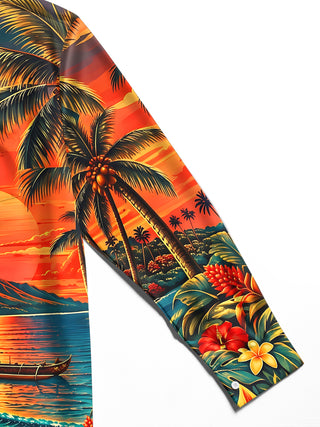 Adaychic Men's Long Sleeve Shirt - Hawaiian Sunset Beach Scene With Palm Trees And Hibiscus Print with Chest Pocket