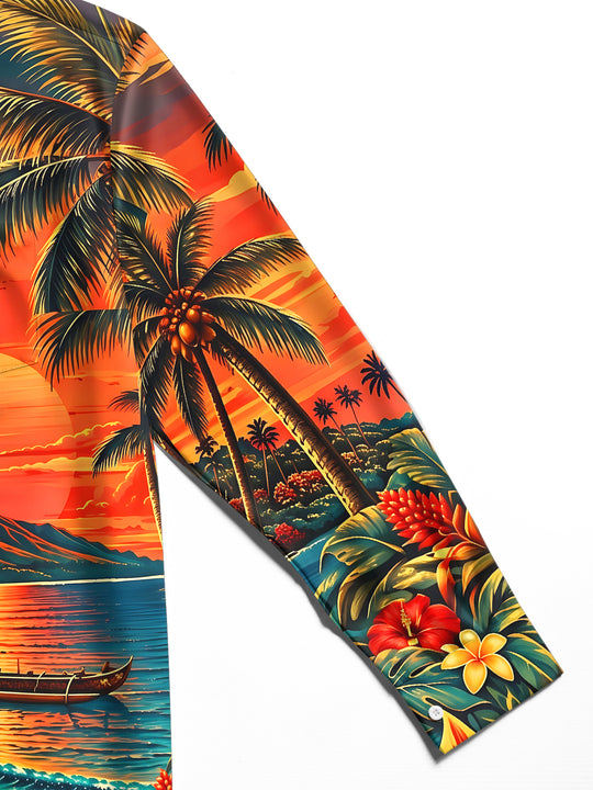Adaychic Men's Long Sleeve Shirt - Hawaiian Sunset Beach Scene With Palm Trees And Hibiscus Print with Chest Pocket
