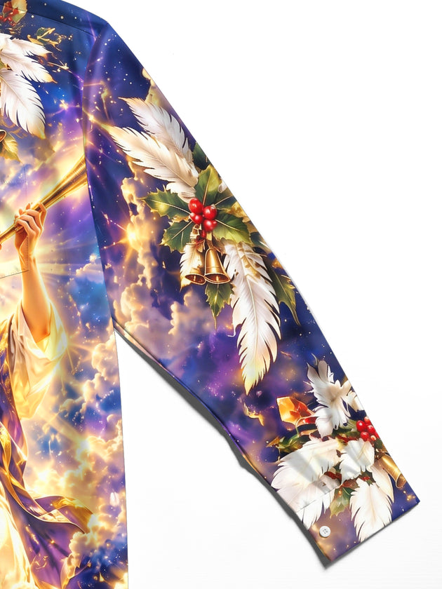 Adaychic Men's Long Sleeve Shirt - Christmas Trumpeter Angel And Gothic Cathedral Print with Chest Pocket