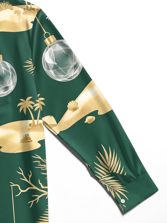 Adaychic Men's Christmas Ornaments And Tropical Beach Print Long Sleeve Shirt with Chest Pocket