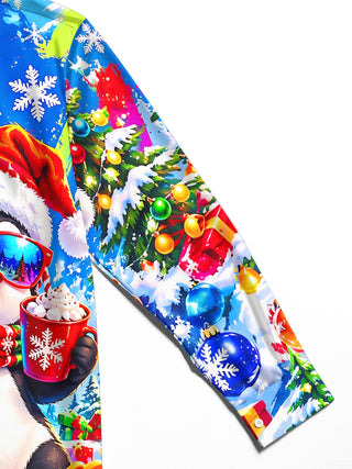 Adaychic Men's Long Sleeve Shirt - Christmas Penguin With Santa Hat And Sunglasses Print with Chest Pocket