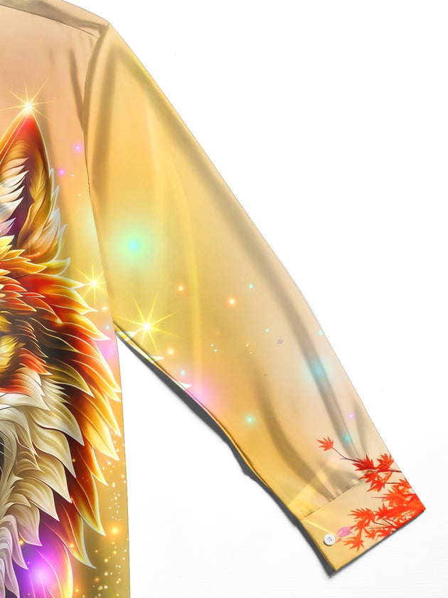 Adaychic Men's Graphic Glowing Wolf Head Print Long Sleeve Shirt with Chest Pocket