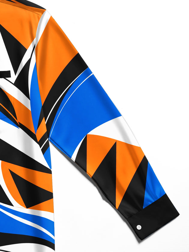 Adaychic Men's Geometric Abstract Waves And Stripes Print Long Sleeve Shirt with Chest Pocket