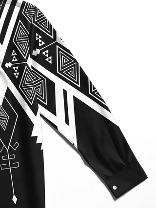 Adaychic Men's Patterned Black And White Geometric Print Long Sleeve Shirt with Chest Pocket