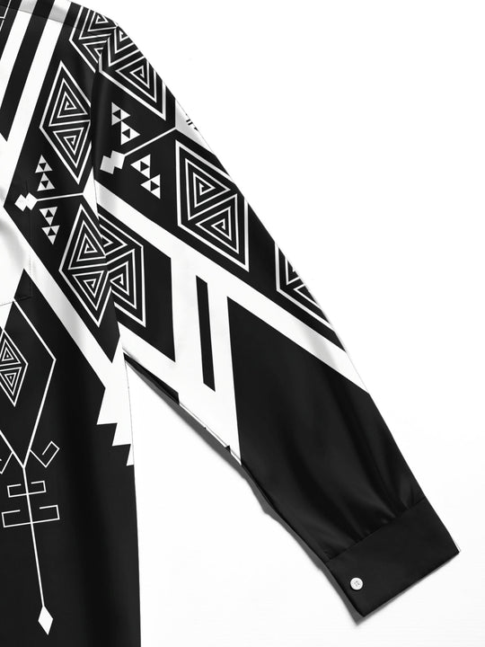 Adaychic Men's Patterned Black And White Geometric Print Long Sleeve Shirt with Chest Pocket