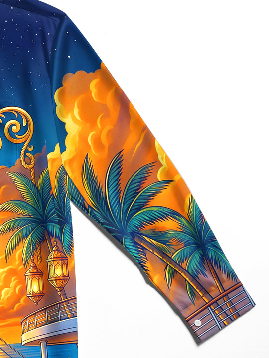 Adaychic Men's Cruise Ship And Palm Trees Print Long Sleeve Stand Collar Shirt