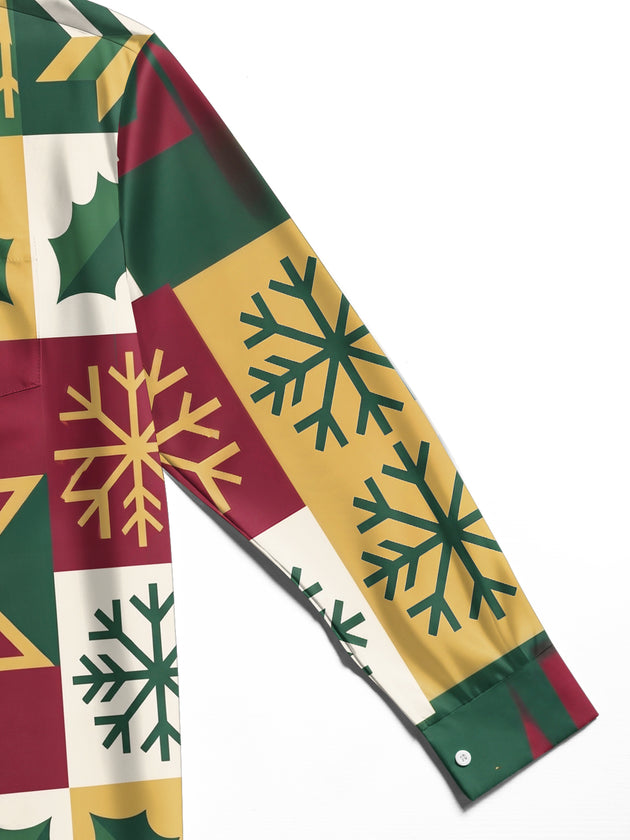 Adaychic Men's Long Sleeve Shirt - Christmas Patchwork With Holly Leaves And Snowflakes Print with Chest Pocket