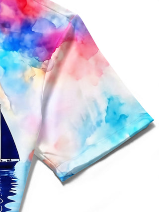 Adaychic Men's Graphic Watercolor Sailboats Print Short Sleeve Shirt with Chest Pocket