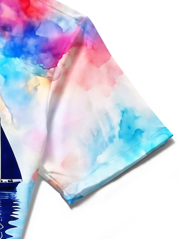 Adaychic Men's Graphic Watercolor Sailboats Print Short Sleeve Shirt with Chest Pocket