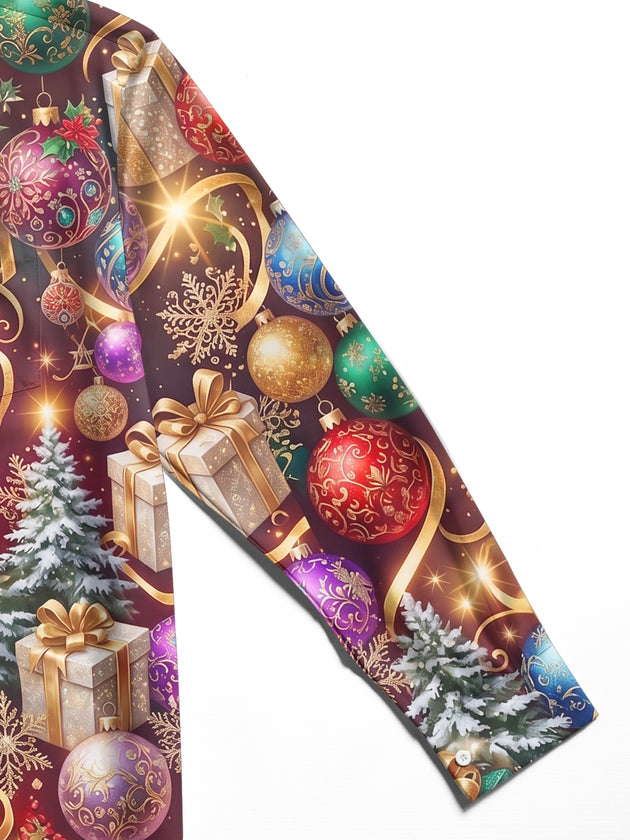 Adaychic Men's Printed Christmas Ornaments And Gifts Print Long Sleeve Shirt with Chest Pocket