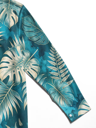 Adaychic Men's Hawaiian Tropical Leaf Print Long Sleeve Shirt with Chest Pocket