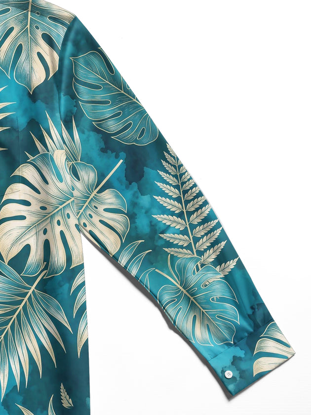 Adaychic Men's Hawaiian Tropical Leaf Print Long Sleeve Shirt with Chest Pocket