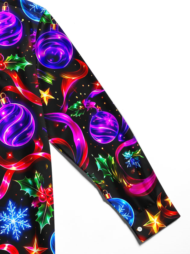 Adaychic Men's Graphic Christmas Ornaments And Holly Print Long Sleeve Shirt with Chest Pocket