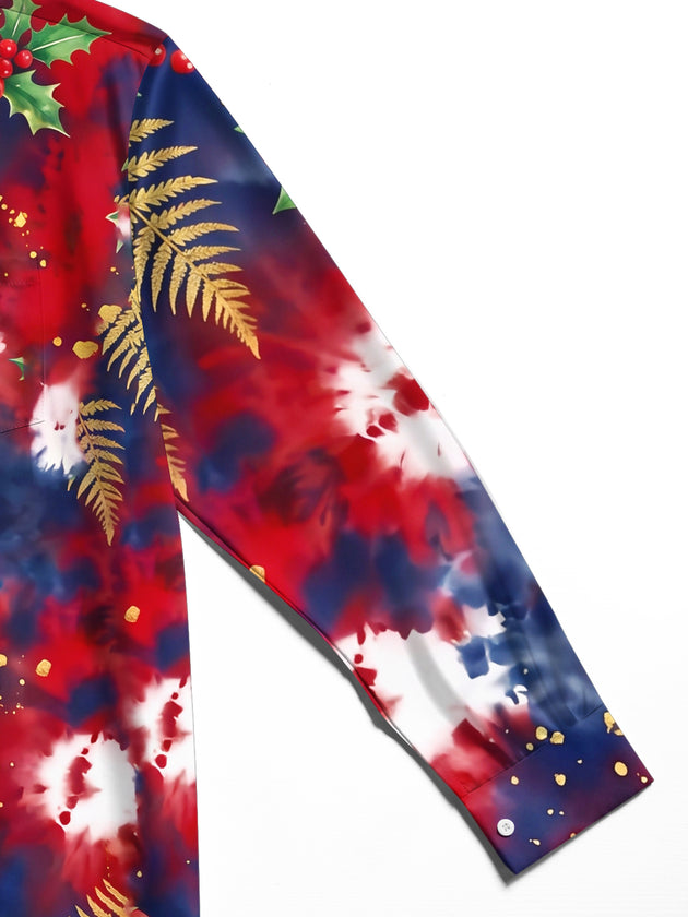 Adaychic Men's Long Sleeve Shirt - Christmas Poinsettia And Holly With Gold Ferns Print with Chest Pocket