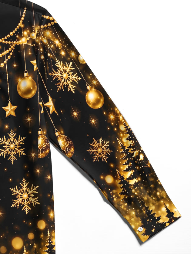 Adaychic Men's Christmas Snowflakes And Ornaments Print Long Sleeve Shirt with Chest Pocket