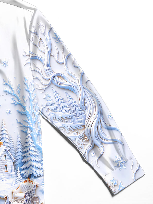 Adaychic Men's Long Sleeve Shirt - Christmas Winter Sleigh And Holly Print Winter Lighthouse And Ice Skating Couple Print with Chest Pocket