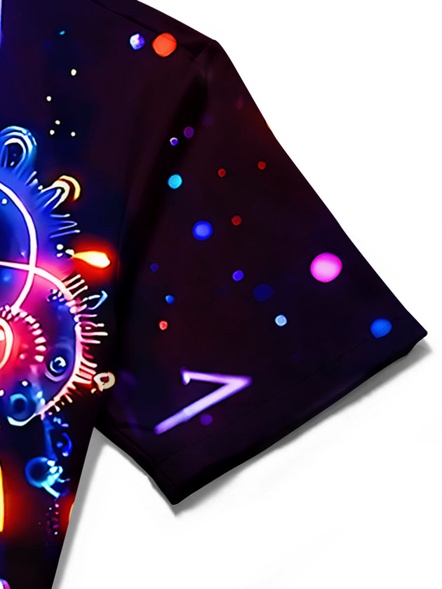 Adaychic Men's Graphic Neon Clock Gears Print Short Sleeve Shirt with Chest Pocket