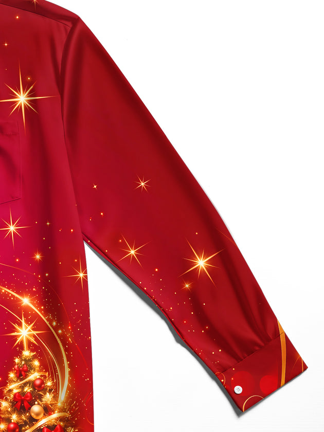 Adaychic Men's Printed Christmas Tree And Ornaments Print Long Sleeve Shirt with Chest Pocket