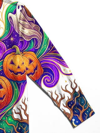 Adaychic Men's Graphic Halloween Pumpkins Print Ghosts Print Long Sleeve Shirt with Chest Pocket