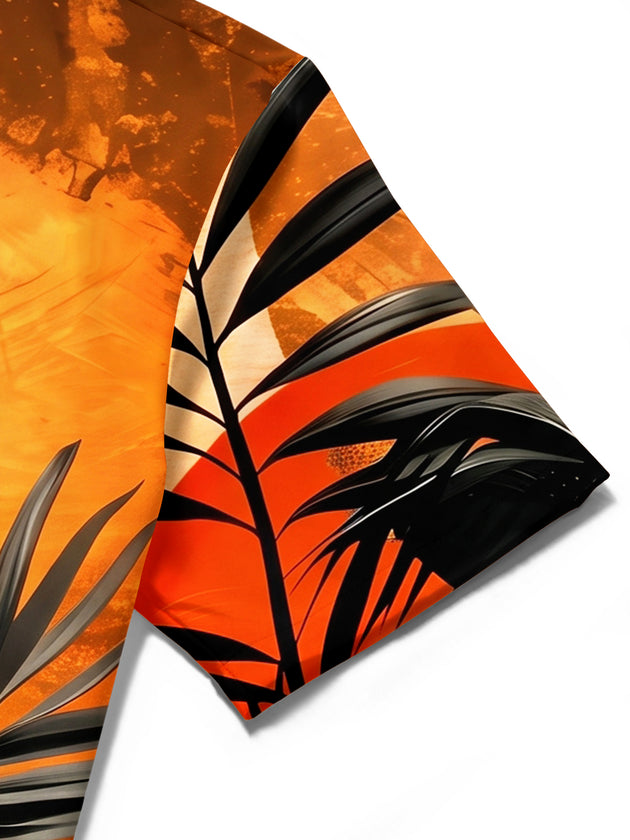 Adaychic Men's Hawaiian Palm Leaf Sunset Print Short Sleeve Shirt with Chest Pocket