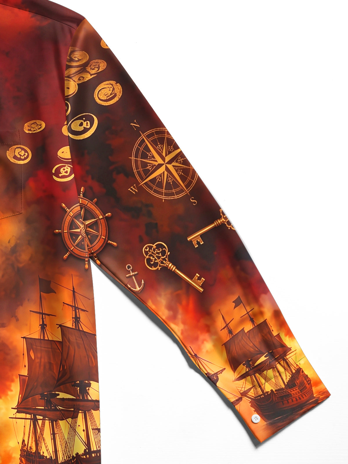 Adaychic Men's Printed Pirate Ships And Treasure Print Long Sleeve Shirt with Chest Pocket