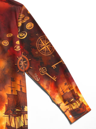 Adaychic Men's Printed Pirate Ships And Treasure Print Long Sleeve Shirt with Chest Pocket