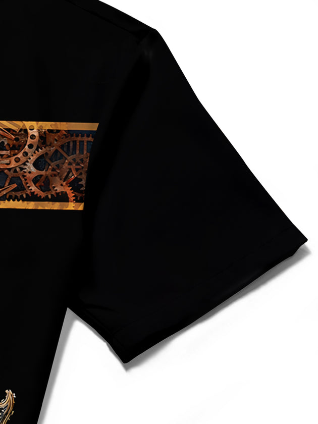 Adaychic Men's Graphic Steampunk Musical Instruments Print Short Sleeve Shirt with Chest Pocket