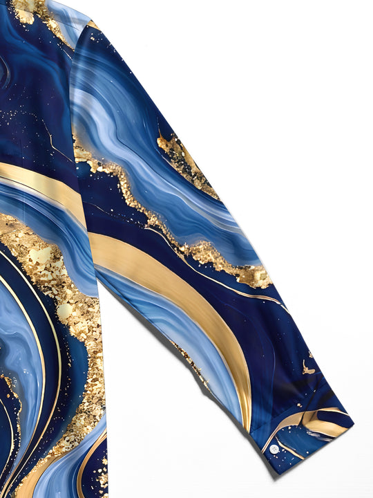 Adaychic Men's Abstract Gold And Blue Marble Waves Print Long Sleeve Shirt with Chest Pocket
