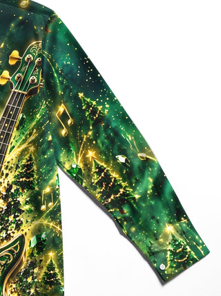 Adaychic Men's Printed Bass Guitar And Christmas Trees Print Long Sleeve Shirt with Chest Pocket