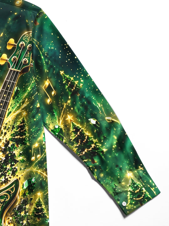 Adaychic Men's Printed Bass Guitar And Christmas Trees Print Long Sleeve Shirt with Chest Pocket