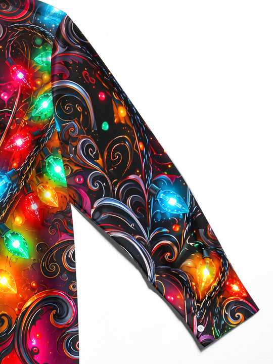 Adaychic Men's Christmas Light String And Swirls Print Long Sleeve Shirt with Chest Pocket