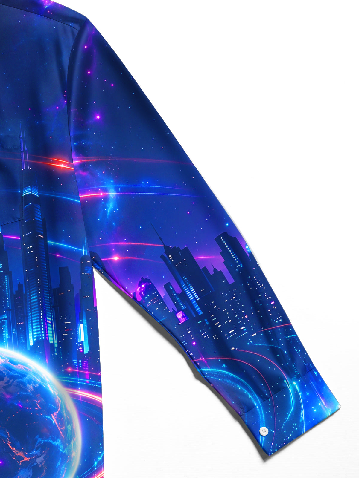 Adaychic Men's Long Sleeve Shirt - Cyber Robot Face And Futuristic Cityscape Print with Chest Pocket