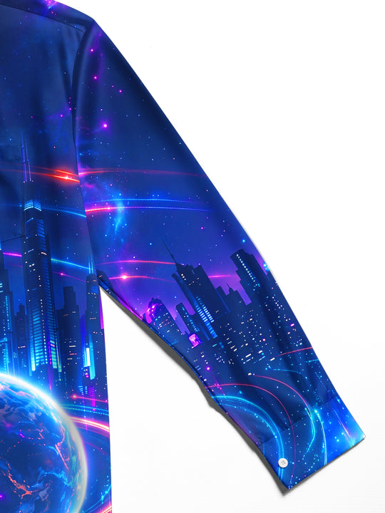 Adaychic Men's Long Sleeve Shirt - Cyber Robot Face And Futuristic Cityscape Print with Chest Pocket