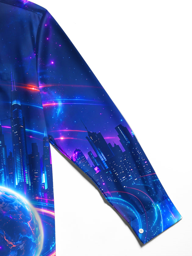 Adaychic Men's Long Sleeve Shirt - Cyber Robot Face And Futuristic Cityscape Print with Chest Pocket