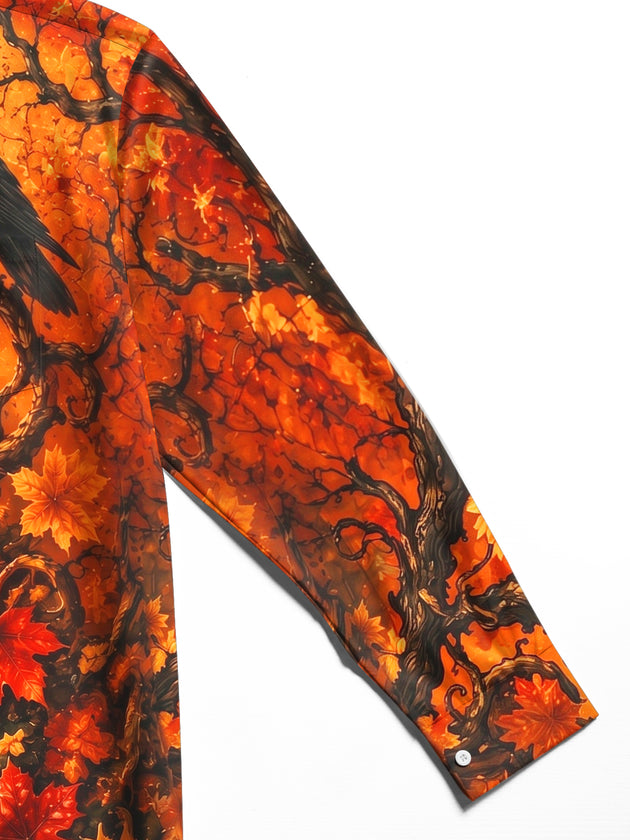 Adaychic Men's Printed Halloween Raven Castle Lantern Print Long Sleeve Shirt with Chest Pocket