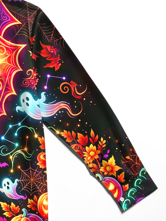 Adaychic Men's Halloween Jack-o-lanterns And Ghosts Print Long Sleeve Shirt with Chest Pocket