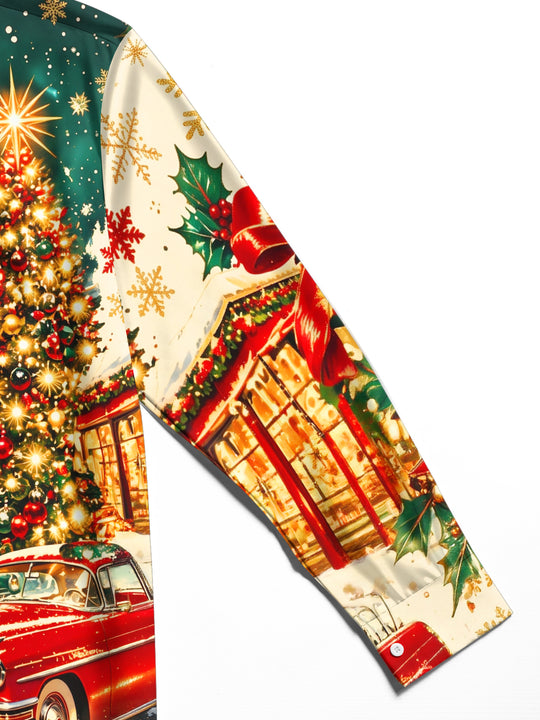 Adaychic Men's Long Sleeve Shirt - Vintage Couple And Christmas Street Scene Print with Chest Pocket